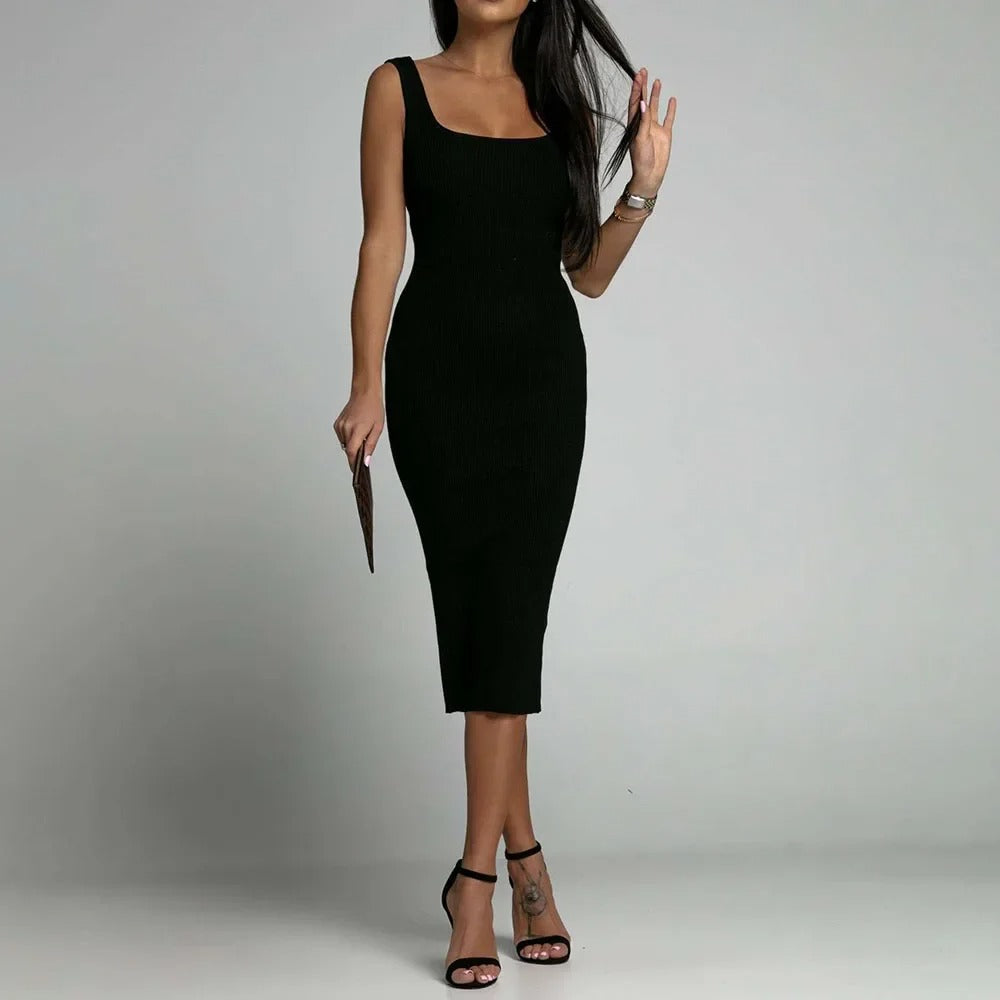 Elena | Vestido Midi Ajustado en Tejido Acanalado con Escote Recto