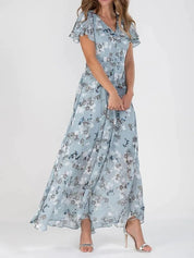 Nerea | Vestido Maxi Cruzado de Gasa con Estampado Floral y Manga con Volante