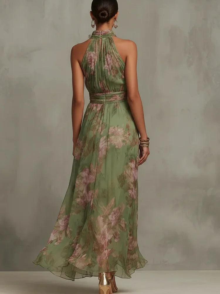 Isabel | Vestido Maxi Floral en Chiffon con Escote Halter Drapeado y Cintura Definida
