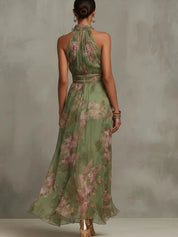 Isabel | Vestido Maxi Floral en Chiffon con Escote Halter Drapeado y Cintura Definida