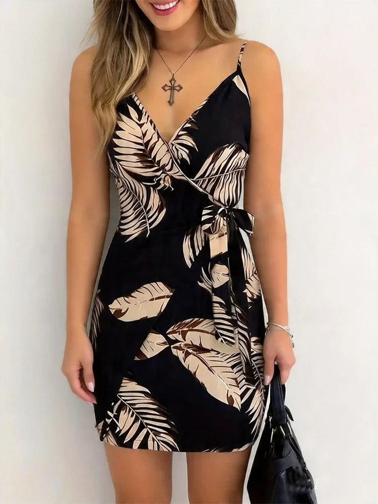 Adriana | Vestido Mini Cruzado de Tirantes con Estampado Tropical
