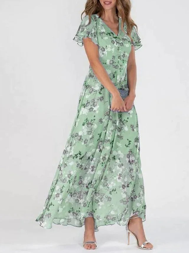 Nerea | Vestido Maxi Cruzado de Gasa con Estampado Floral y Manga con Volante