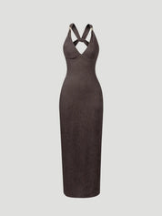 Lucía | Vestido Maxi Ajustado en Marrón con Espalda Abierta y Escote en V