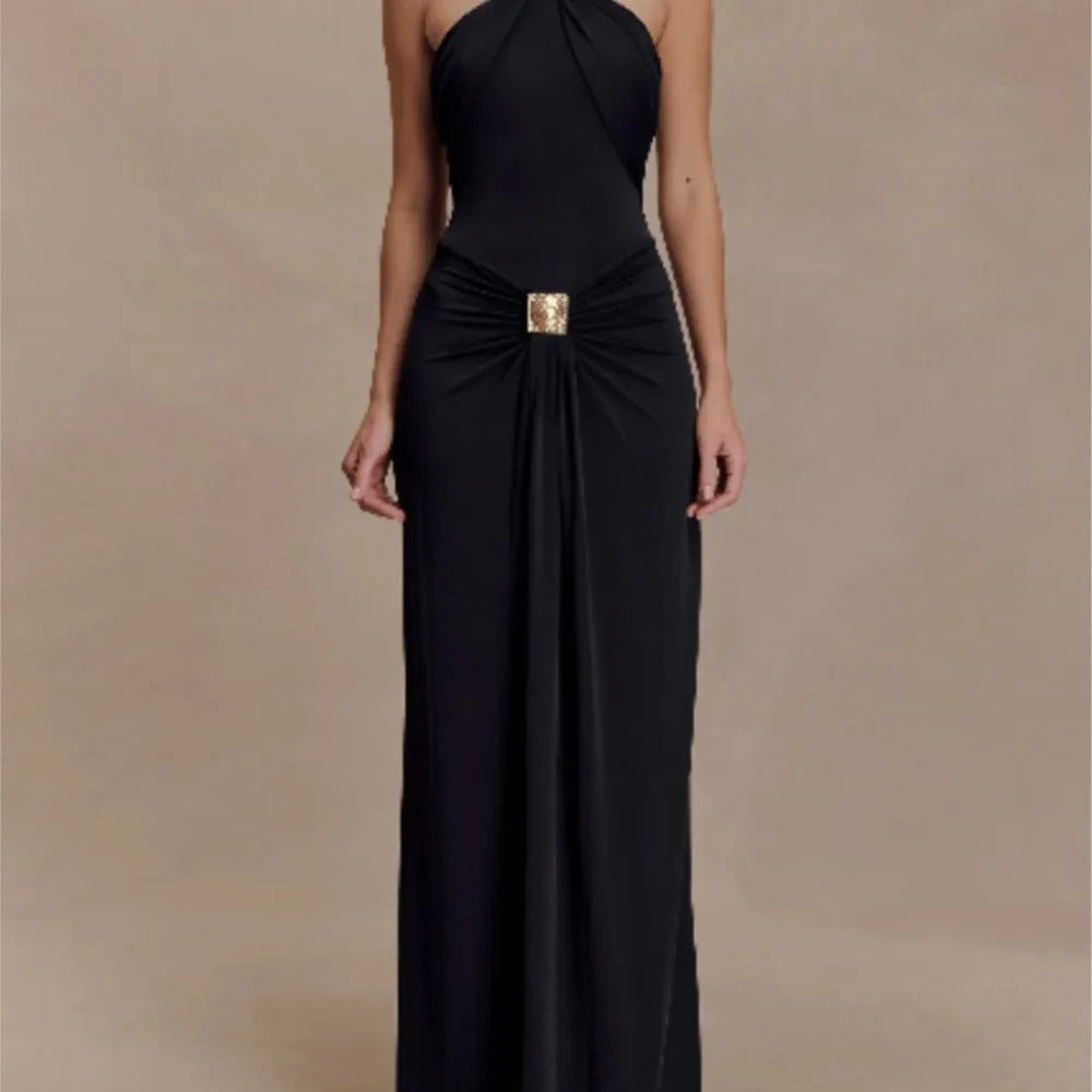 Sofía | Vestido Maxi Bandeau con Drapeado y Detalle Dorado