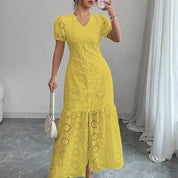 Isabel | Vestido Maxi en Bordado Inglés con Manga Puff y Escote en V