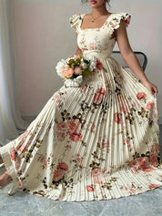 Carmen | Vestido Maxi Floral con Manga Mariposa, Escote Cuadrado y Falda Plisada