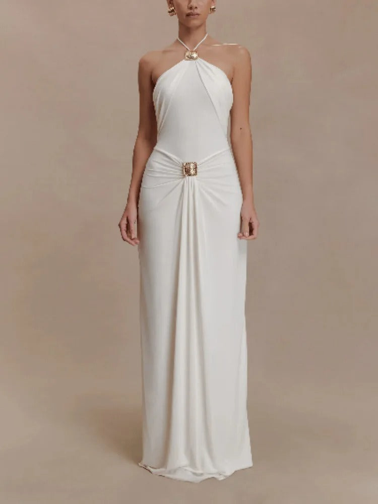 Sofía | Vestido Maxi Bandeau con Drapeado y Detalle Dorado