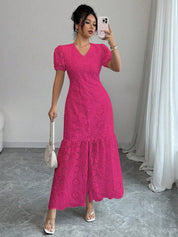 Isabel | Vestido Maxi en Bordado Inglés con Manga Puff y Escote en V