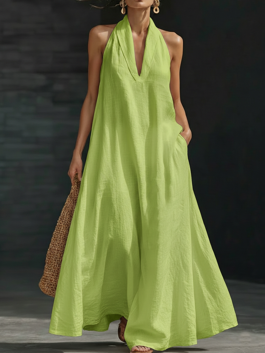 Lucía | Vestido Maxi Halter con Escote en V Profundo y Volumen Amplio
