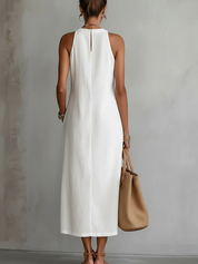 Nerea | Vestido Midi de Lino Halter con Detalle Metálico y Abertura Lateral