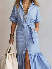 Nerea | Vestido Midi Camisero con Cinturón y Volante en el Bajo