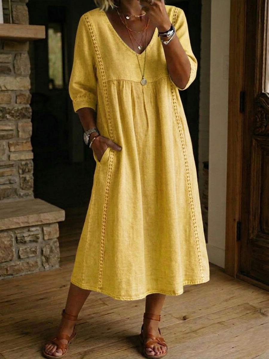 Elena | Vestido Midi de Lino con Escote V y Manga Tres Cuartos en Corte Trapecio