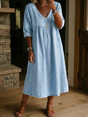 Isabel | Vestido Midi de Lino con Escote V y Corte Trapecio en Azul Denim