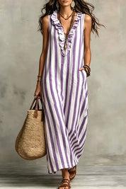 Lucía | Vestido Maxi de Lino Sin Mangas con Rayas Verticales y Bolsillos