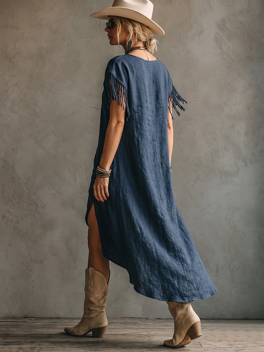 Adriana | Vestido Maxi de Lino con Manga Corta, Bajo Asimétrico y Bolsillos
