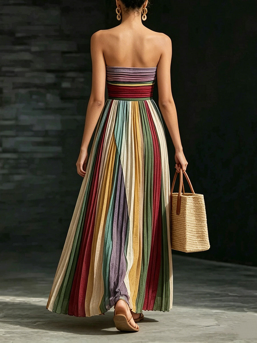 Isabel | Vestido Maxi Bandeau con Falda de Rayas Multicolor