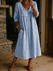 Elena | Vestido Midi de Lino con Escote V y Manga Tres Cuartos en Corte Trapecio