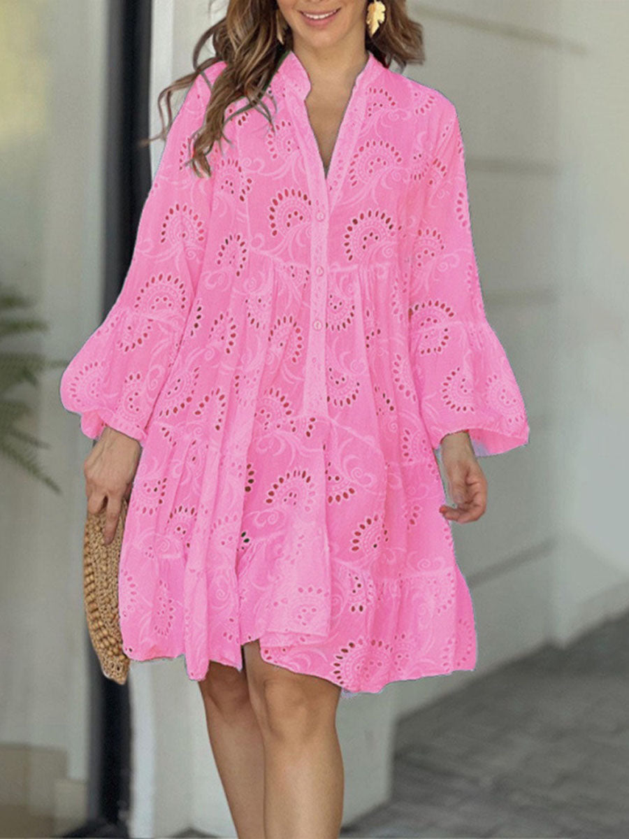 Lucía | Vestido Mini en Encaje Bordado con Escote en V y Manga Larga