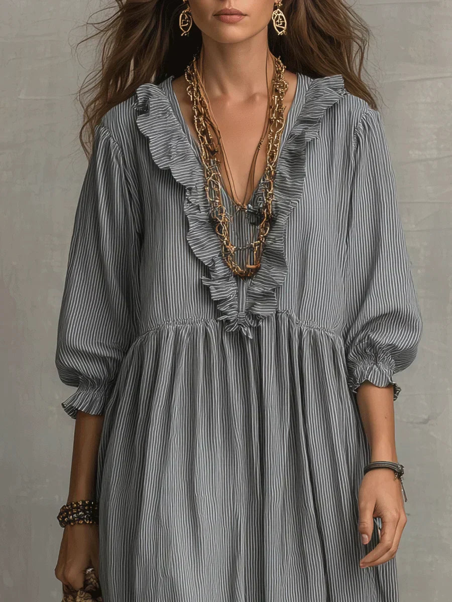 Elena | Vestido Maxi Boho de Lino con Escote V Fruncido y Manga Larga Suelta