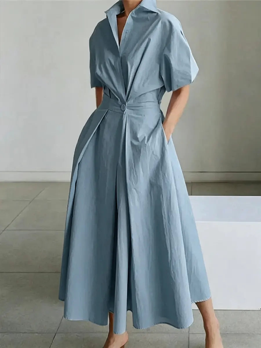 Sofía | Vestido Midi Camisero de Lino con Cinturón y Falda Evasé