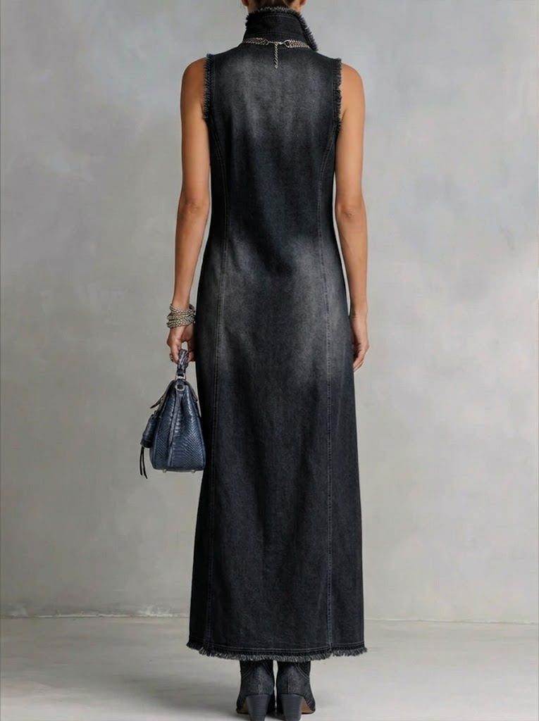Adriana | Vestido Maxi Vaquero sin Mangas con Cuello Camisero y Abertura Lateral