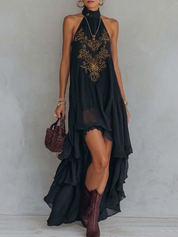 Elena | Vestido Halter con Corpete Bordado y Falda Asimétrica en Chiffon
