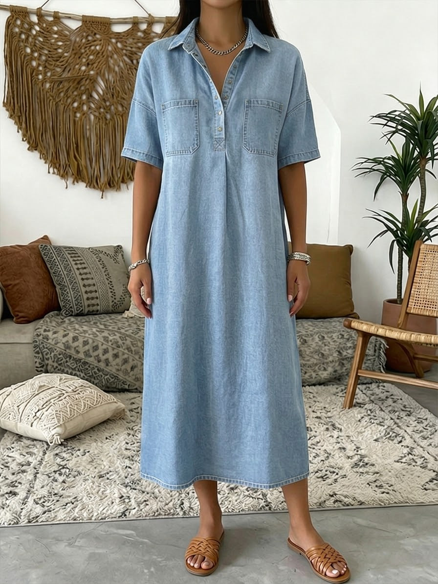 Lucía | Vestido Maxi Camisero de Chambray con Manga Corta y Botonadura Media