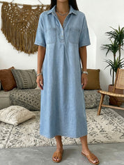 Lucía | Vestido Maxi Camisero de Chambray con Manga Corta y Botonadura Media