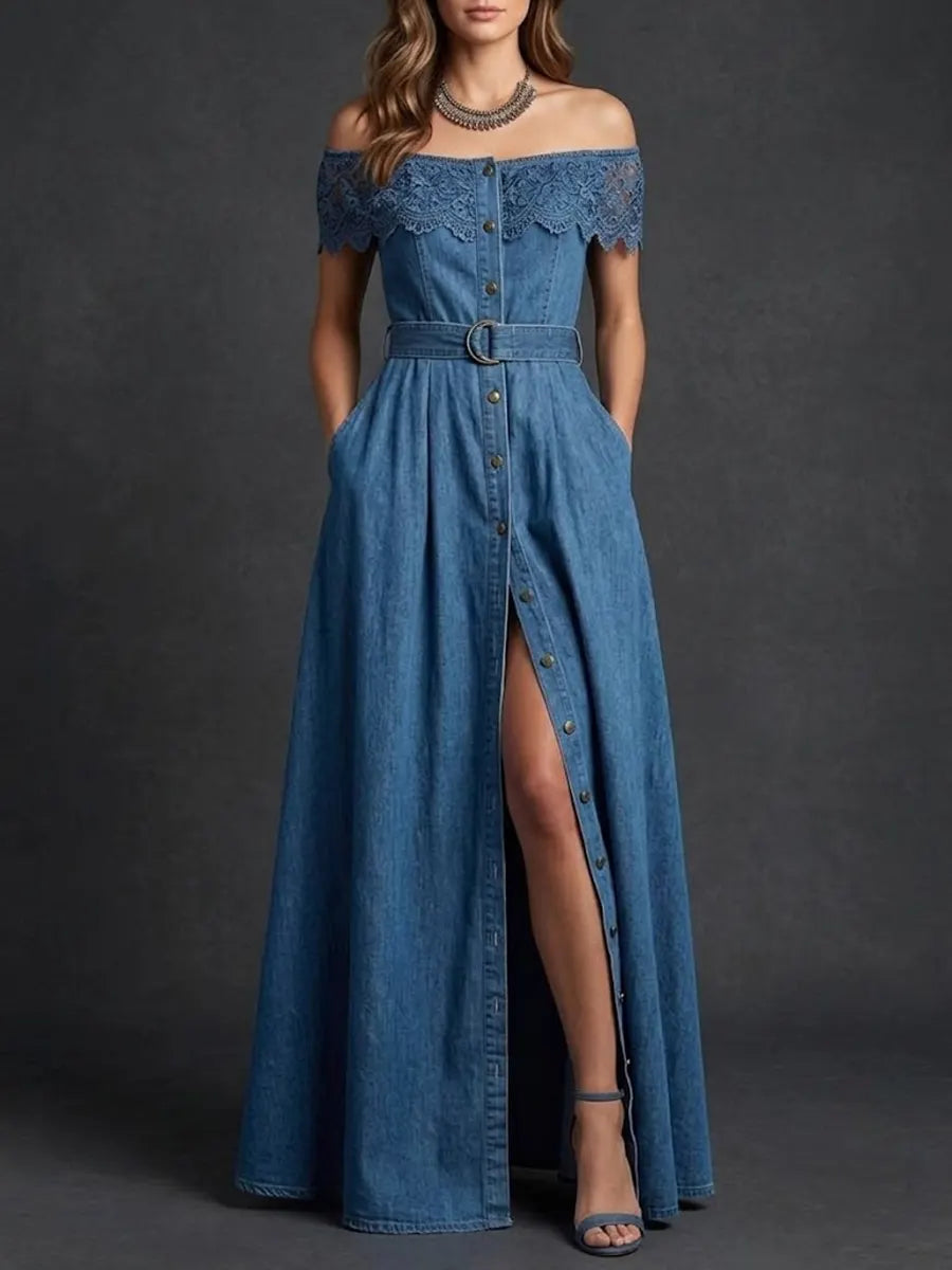 Carmen | Vestido Maxi Denim Off-Shoulder con Abertura Frontal y Botones