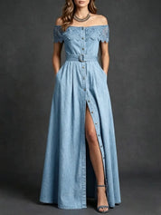 Carmen | Vestido Maxi Denim Off-Shoulder con Abertura Frontal y Botones