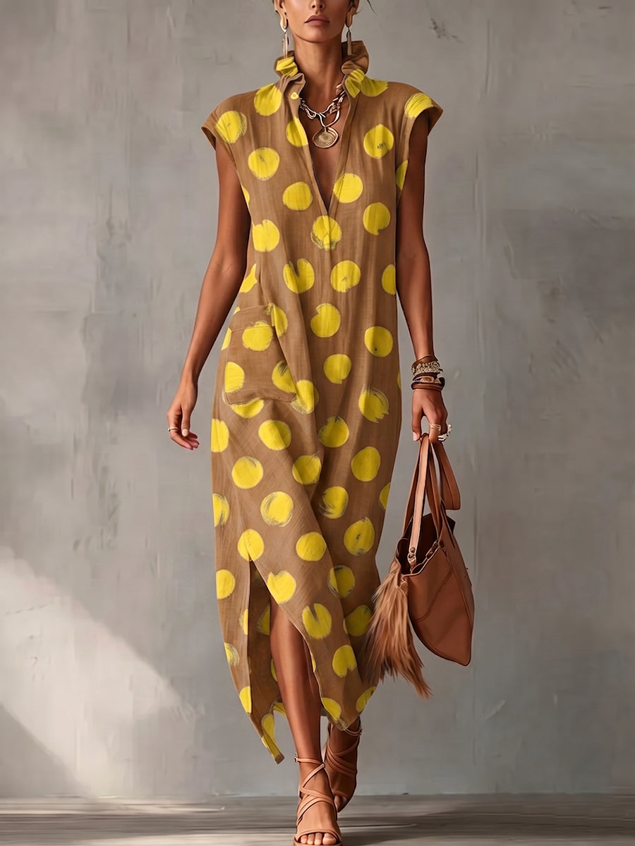 Carmen | Vestido Maxi Sin Mangas con Estampado de Lunares y Cuello Camisero