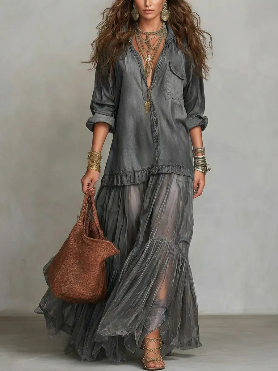 Sofía | Vestido Maxi Boho con Falda por Capas y Escote V con Botones