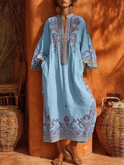 Nerea | Vestido Túnica Midi de Lino con Bordados Florales y Manga Larga