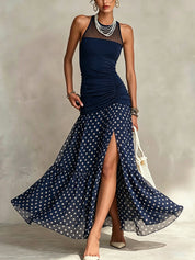 Nerea | Vestido Maxi Halter con Falda de Chiffon en Lunares y Abertura Lateral