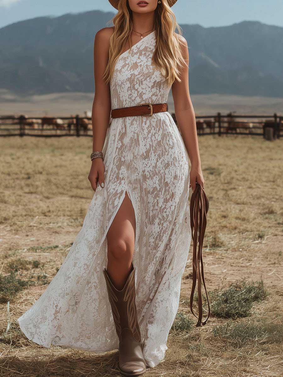 Lucía | Vestido Maxi Blanco con Encaje Floral, Cinturón y Abertura Frontal