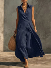 Valeria | Vestido Maxi de Lino Sin Mangas con Cuello Camisero