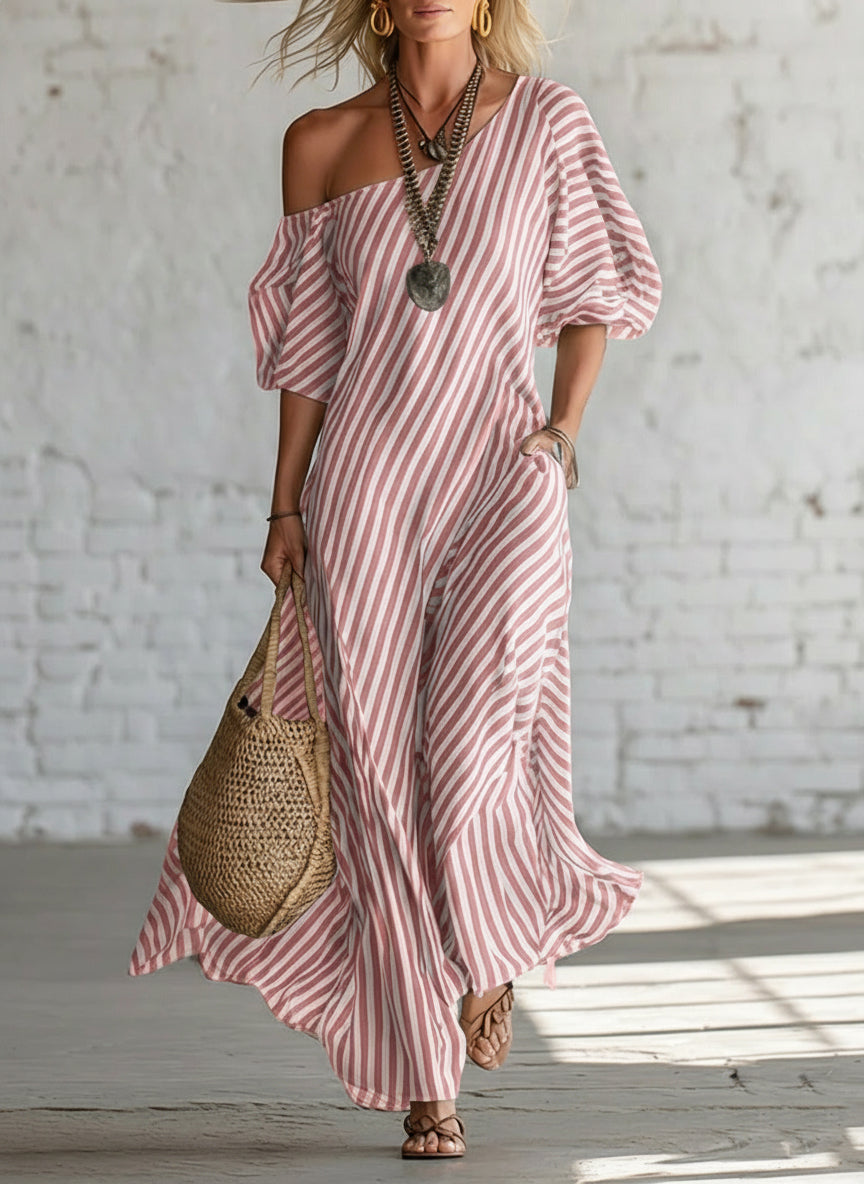 Sofía | Vestido Maxi Off-Shoulder con Estampado de Lunares y Manga Amplia