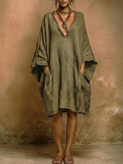 Adriana | Vestido Túnica Midi de Seda con Manga Murciélago y Escote V Profundo