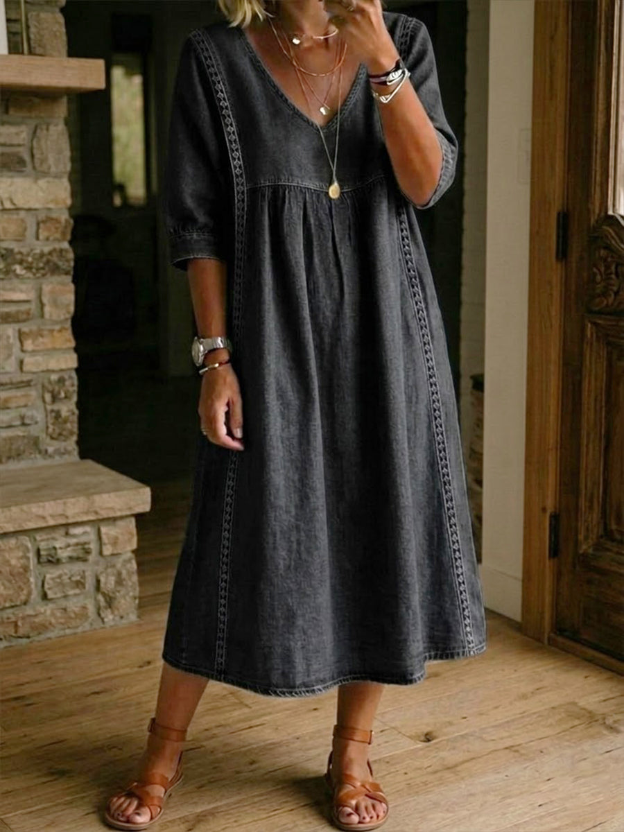 Isabel | Vestido Midi de Lino con Escote V y Corte Trapecio en Azul Denim