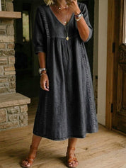 Isabel | Vestido Midi de Lino con Escote V y Corte Trapecio en Azul Denim