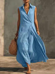 Valeria | Vestido Maxi de Lino Sin Mangas con Cuello Camisero