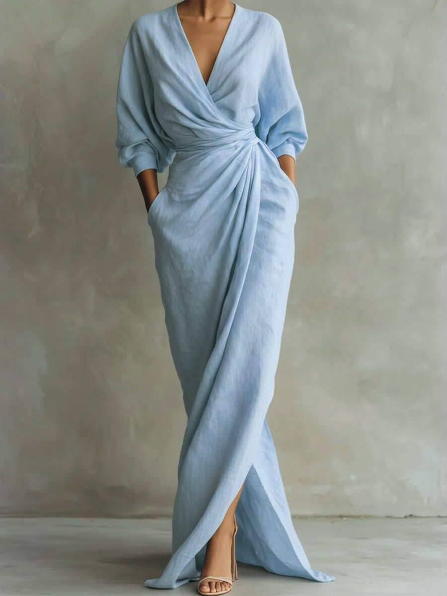 Adriana | Vestido Maxi Drapeado de Manga Amplia con Nudo en la Cintura