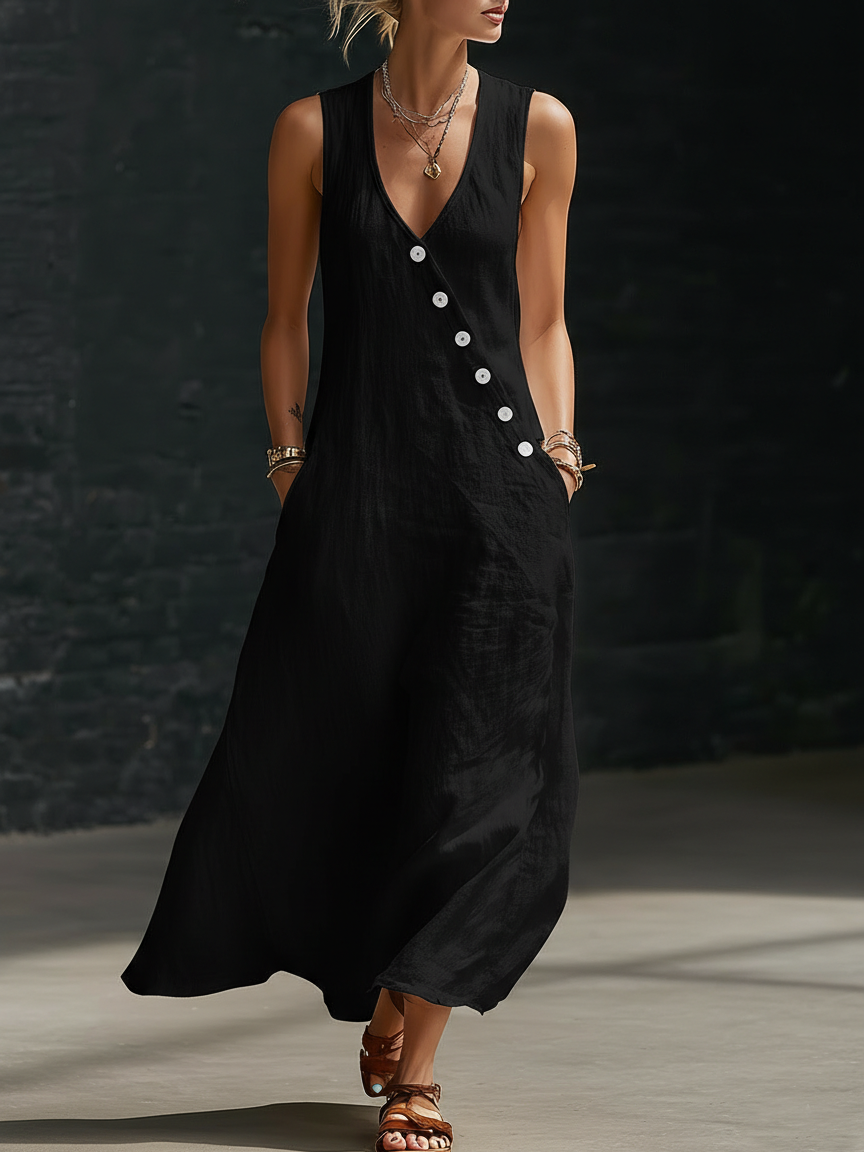 Carmen | Vestido Maxi de Lino Sin Mangas con Escote en V y Botones