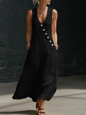 Carmen | Vestido Maxi de Lino Sin Mangas con Escote en V y Botones