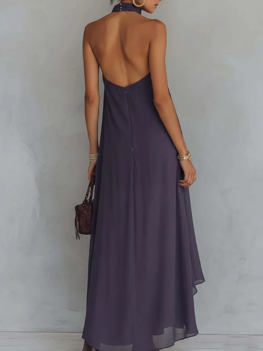 Elena | Vestido Halter con Corpete Bordado y Falda Asimétrica en Chiffon