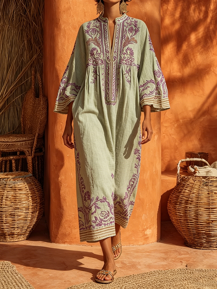 Nerea | Vestido Túnica Midi de Lino con Bordados Florales y Manga Larga