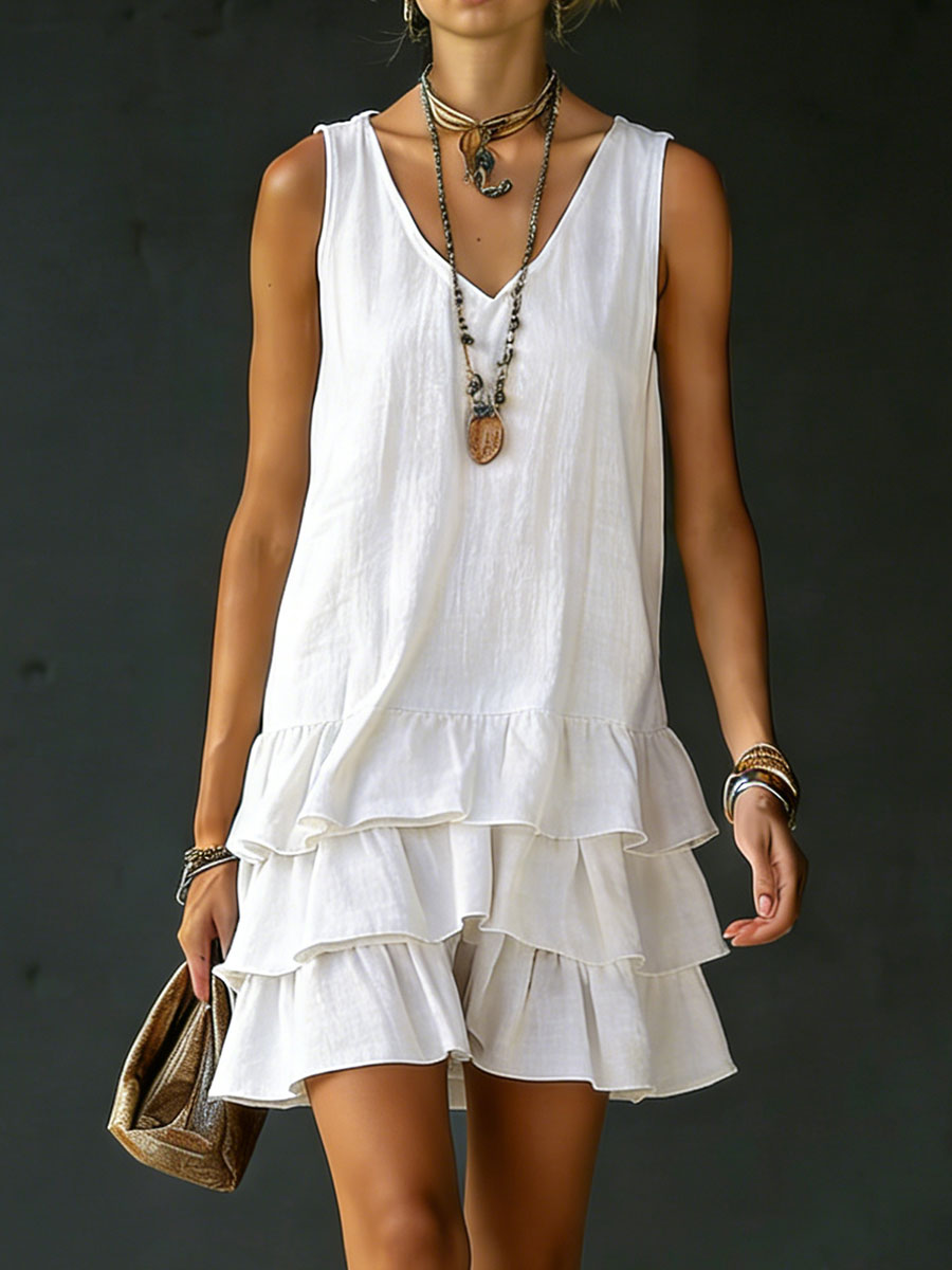 Isabel | Vestido Mini de Lino con Capas Superpuestas y Volantes sin Mangas