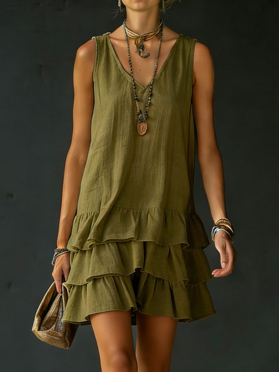 Isabel | Vestido Mini de Lino con Capas Superpuestas y Volantes sin Mangas