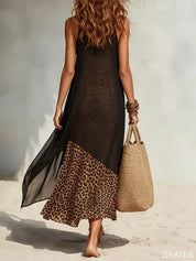 Elena | Vestido Maxi con Sobreposición en Chiffon Negro y Forro Animal Print