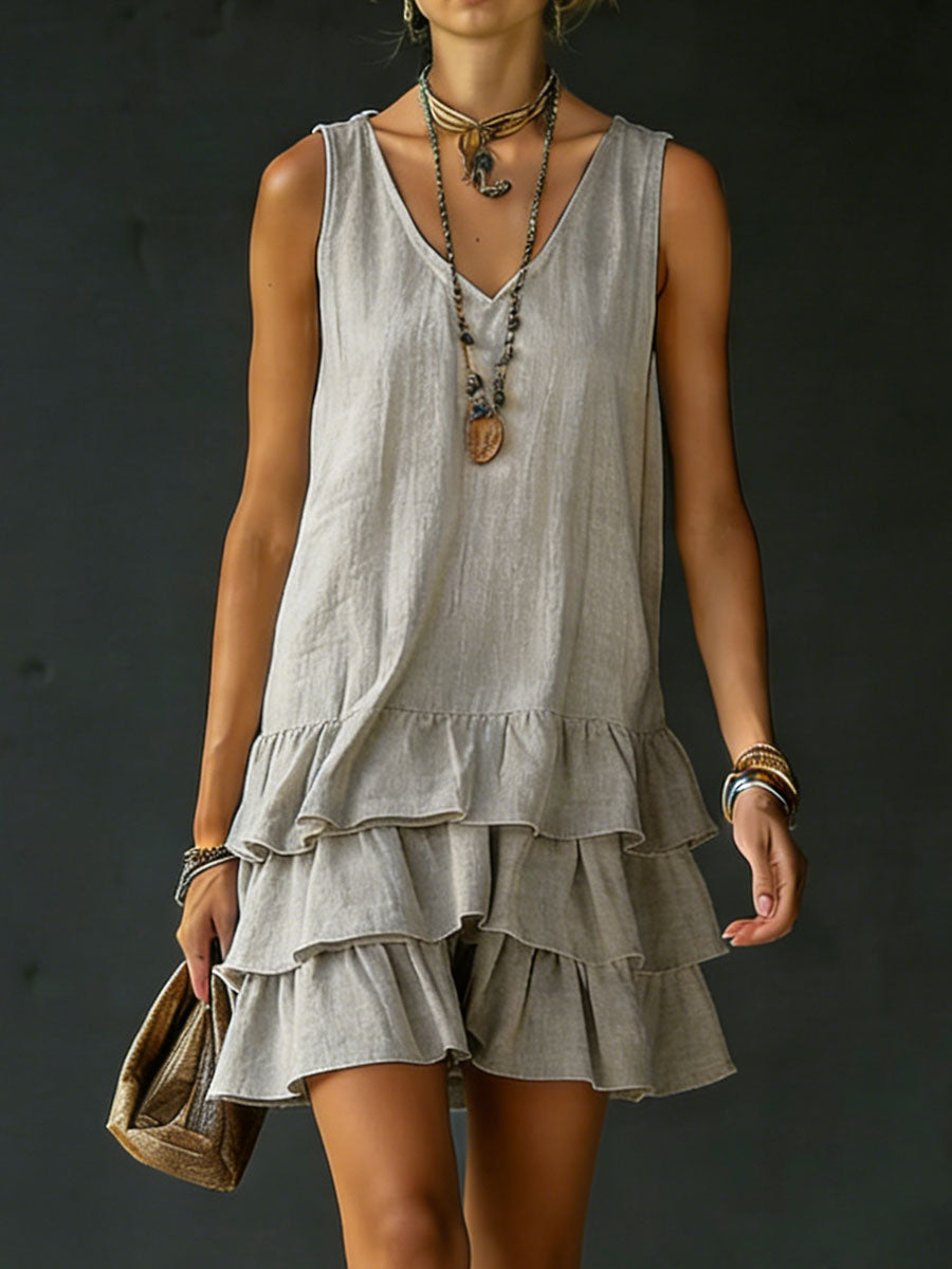 Isabel | Vestido Mini de Lino con Capas Superpuestas y Volantes sin Mangas